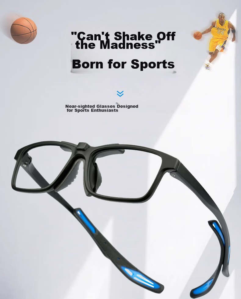 Cuntiandaofu Basketball Glasses, Anti-Blue Light Glasses, Outdoor Sports Protective Goggles, Non-Prescription Glasses, Black Frame with Blue Temple + Sports Nose Pads 1