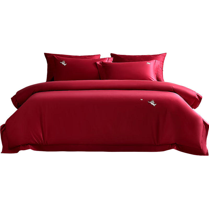Shuixingjiafang Wedding Bedding Set of Four Pieces, 100 Count Long-Staple Cotton, High-End Red Wedding Bed Sheet And Duvet Cover, New Wedding Gift, for 1.8m Bed