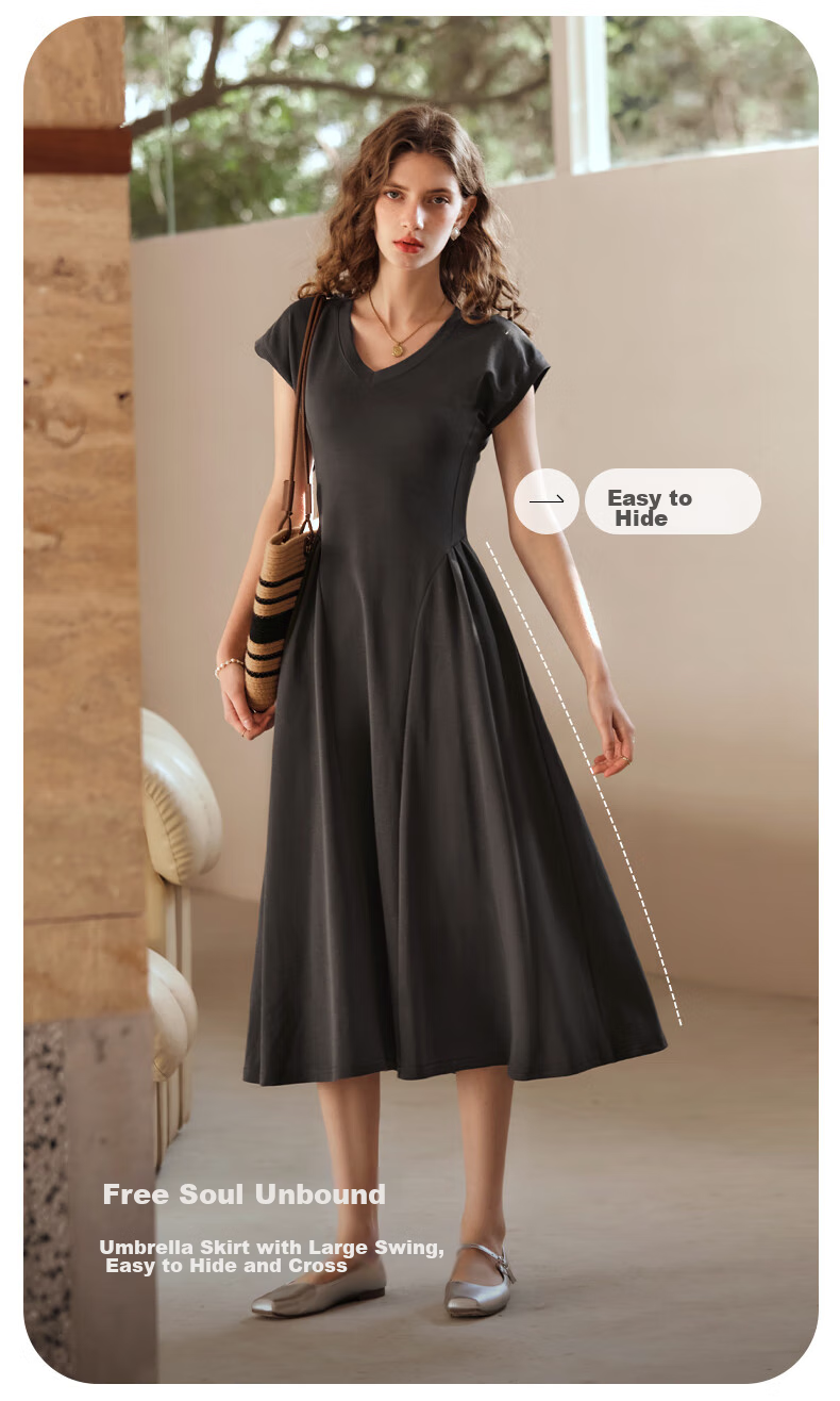 Olrain French-Style Elegant V-Neck Dark Gray Dress for Women, Summer Waist-Cinching A-Line Hem Audrey Hepburn Style, Dark Gray, Size L 7