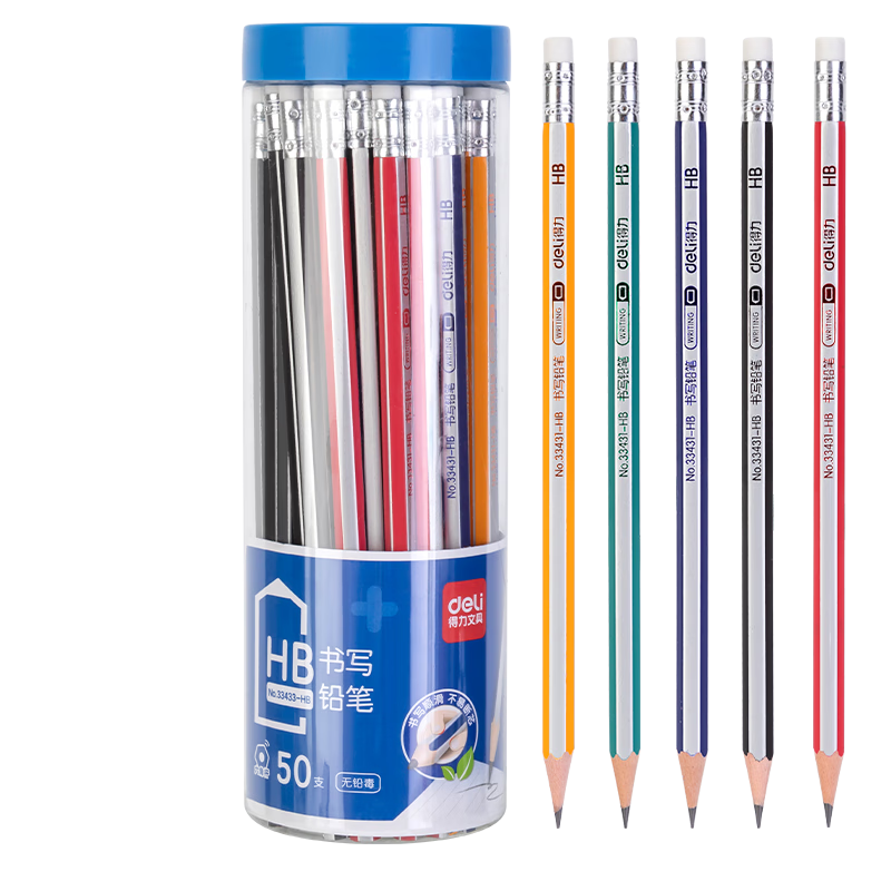 Deli 50 HB Pencils, Classic Colorful Pull-Out Hexagonal Barrel Pencils with Eraser Tip, Student Writing Sketching Drawing Pencils, 33433-HB Student Back-To Stationery