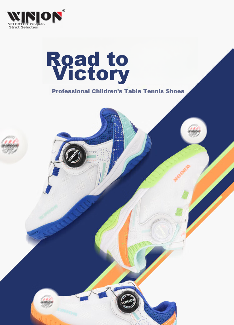 WINION Selected Table Tennis Shoes for Children, Boys And Girls, Zhengtu Rotary Buckle Style, Breathable Non-Slip Sports Shoes, White Blue Orange, Size 30 3