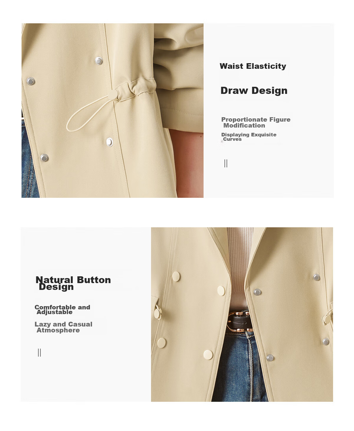 Chushen Spring And Autumn Women's Short Jacket, Fashionable And Elegant Design with Lapel Collar, Waist-Cinching Drawstring, Short Trench Coat S61D164 7