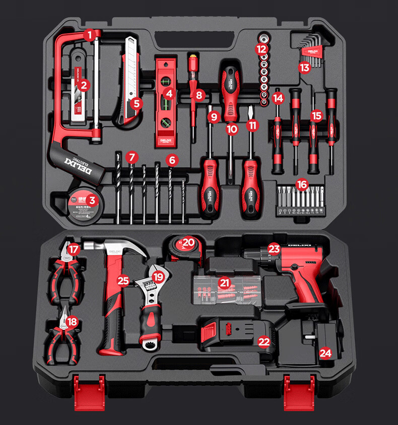 DELIXI ELECTRIC (DELIXI) Multi-Function Lithium Battery Drill Set, Household Toolbox, Hardware And Electrical Tools, Woodworking Special Repair Kit 20