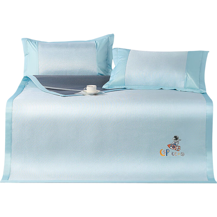 FUANNA Zhu Meng 450D Coarse Silk Cooling Mat, Embroidered Ice Silk Mat, Three-Piece Set, Blue, 1.8x2 Meters [Foldable]