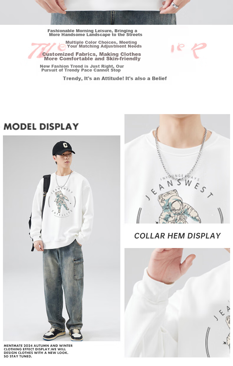 Jeanswest Sweatshirt, Men's Round Neck, Trendy Brand, 2026 Autumn Top, Fashionable Loose Pullover, Men's Jacket, Black, XL 2