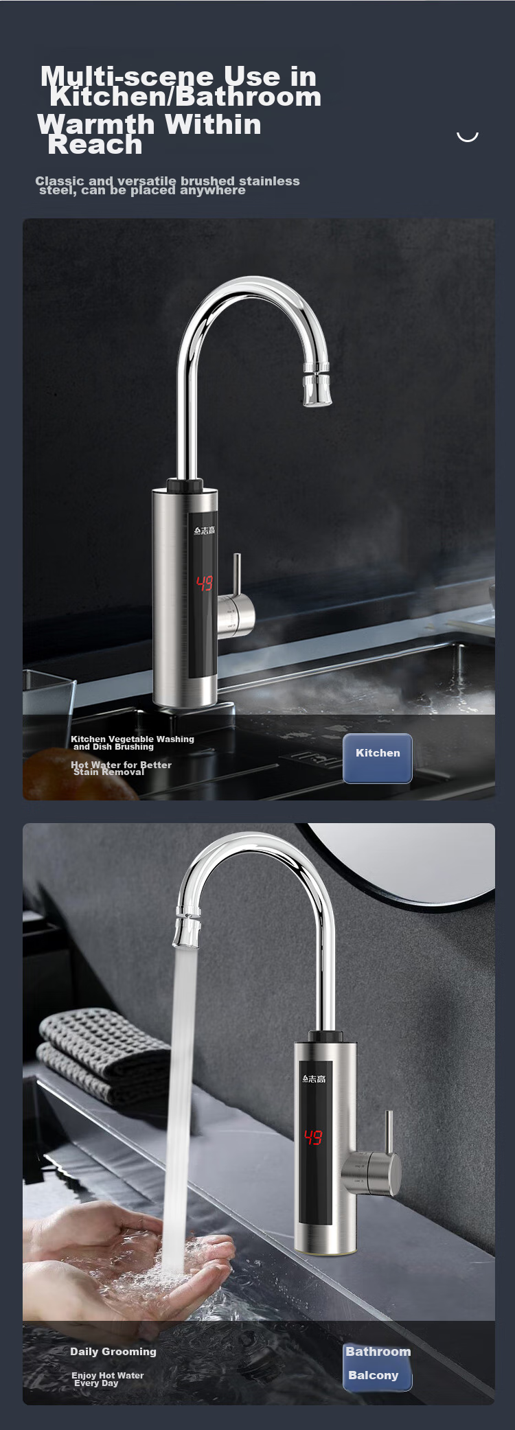 CHIGO Stainless Steel Constant Temperature Electric Water Faucet, Variable Frequency Constant Temperature Rapid Heating Household Cold And Hot Dual-Use Electric Water Heater, Bottom Inlet Instant Heating Type ZG-KBS31B with Free Leak Protectio 11