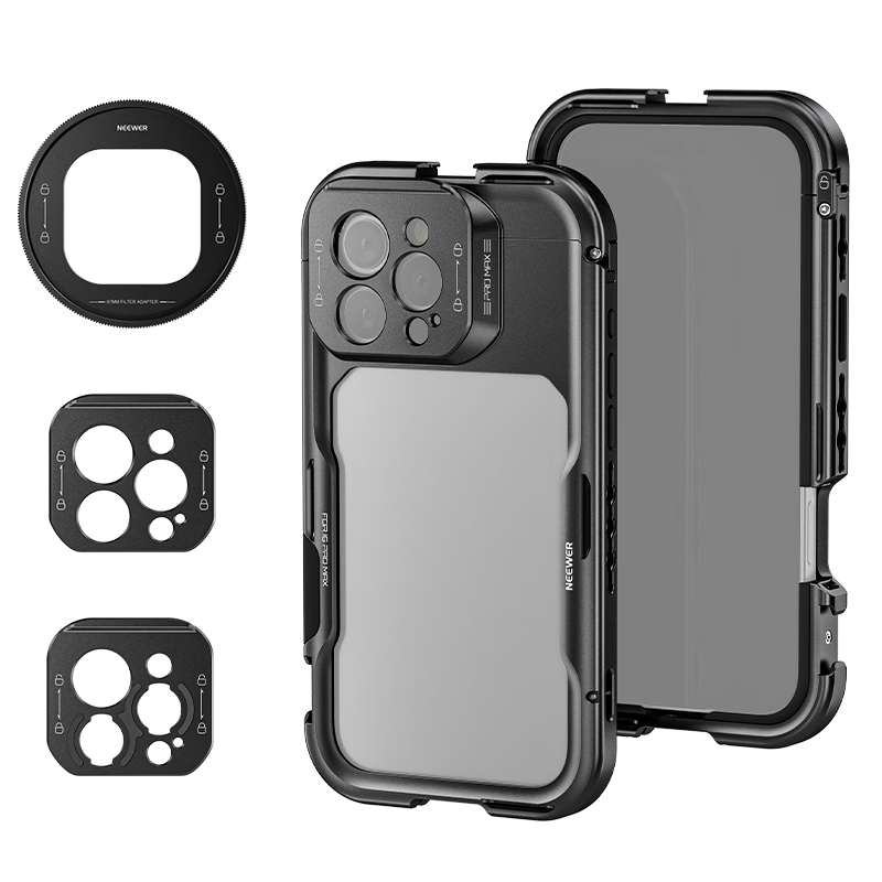 NEEWER Metal Cage Expansion Accessory for IPhone 16 Pro/Pro Max, Handheld Vlog Video Photography Portable Kit with Filters And Expansion Frame