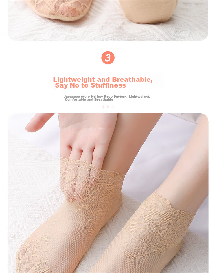 LangSha Women's Lace Stockings with Ribbons, 6 Pairs of Mesh Short Socks with Cotton Bottoms, Thin Spring And Summer Socks 8