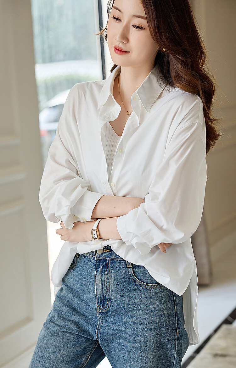 Dme [New Rich Urban Style] Autumn Long-Sleeve Collared Shirt, Cotton Drop-Shoulder Simple Blouse, Women's Top 13