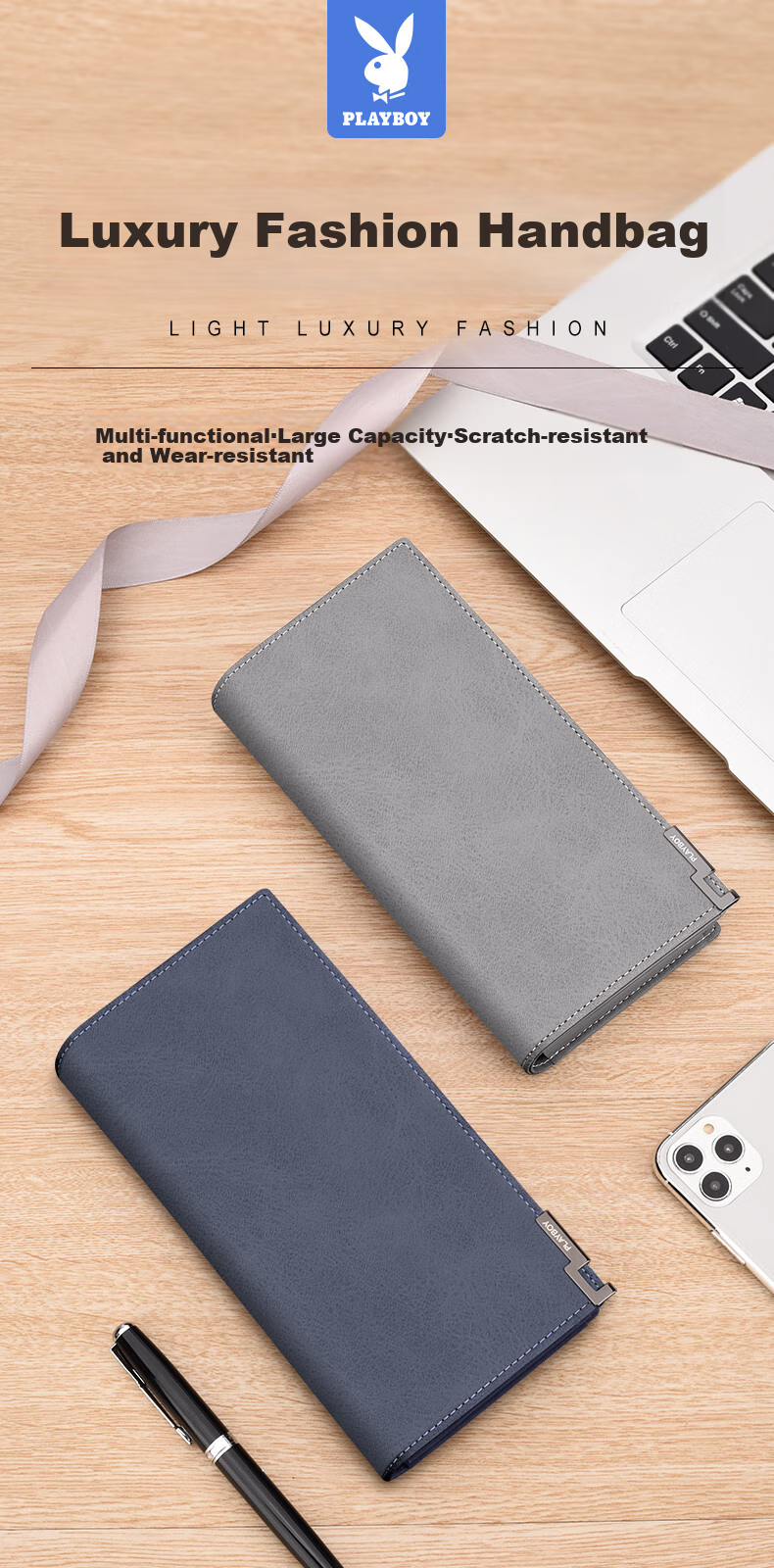 PLAYBOY Men's Large Capacity Wallet, Long Casual Portable Multifunctional Clutch, Multi-Card Holder, Birthday Gift 1
