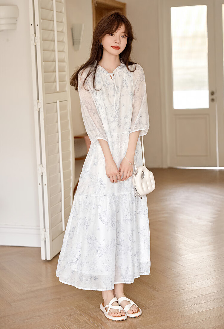 Dme Floral Print Pleated Dress Summer Fresh Three-Quarter Sleeve Long Dress, Floral Print, Size L 4