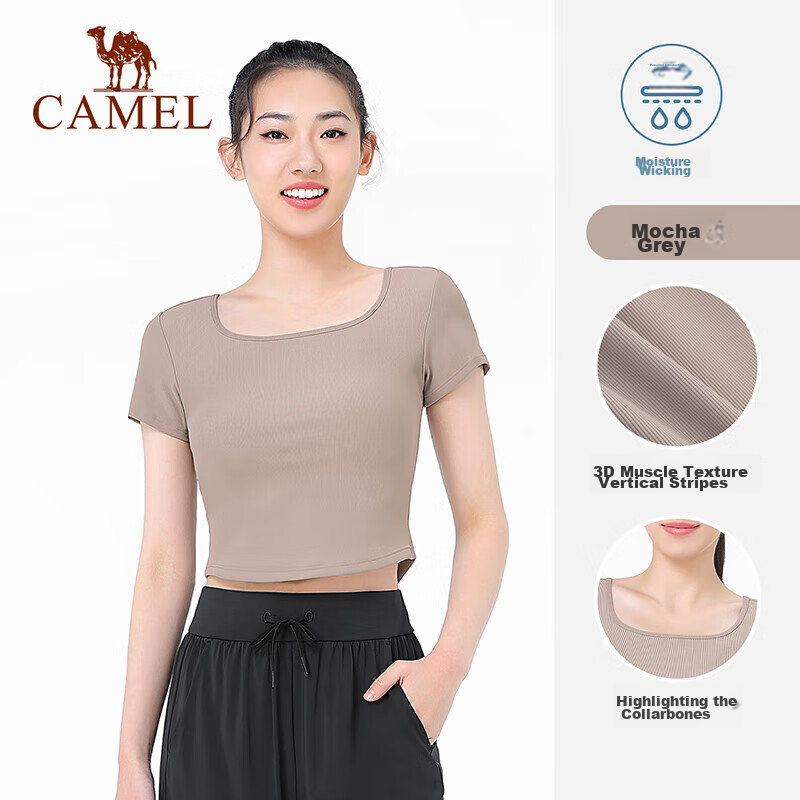 CAMEL Women's Yoga Top, Short-Sleeved, Breathable, Quick-Drying Running Shirt, Fitness Wear, Lightweight Sports T-Shirt Y24BAT6009