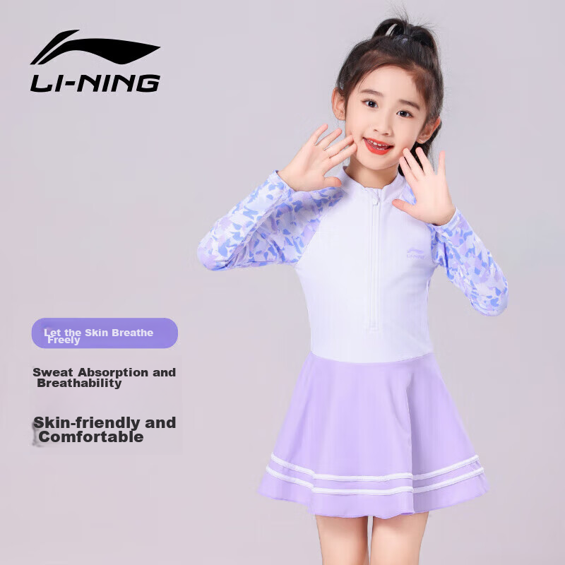 Li-Ning Children's Swimsuit, Girls' Cute And Fun One-Piece Swimwear, Conservative Casual Style, 736 Long-Sleeve Version, Size 140