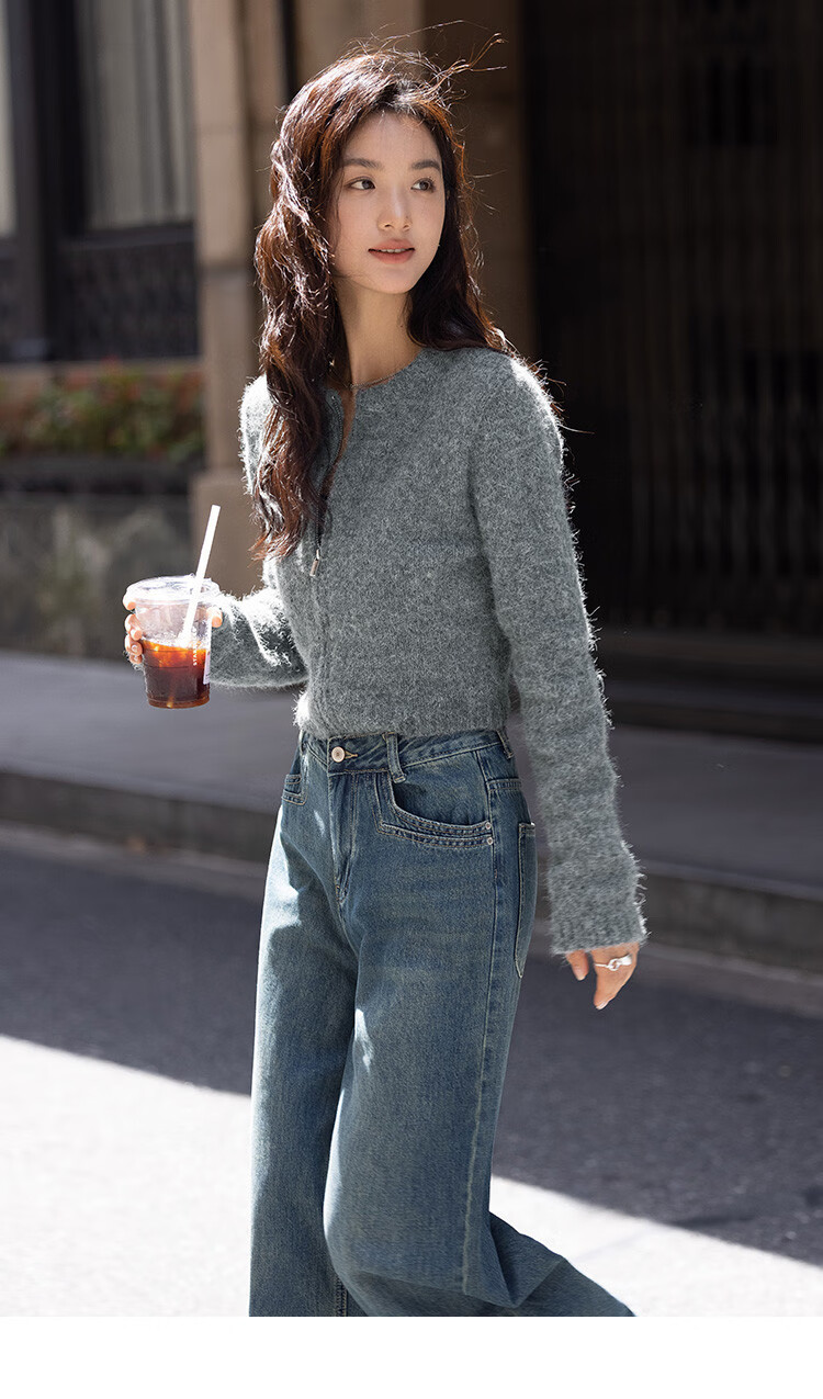Dme [Gray Plush Knit Jacket] Autumn Round Neck Opening Placket Zipper Design Long-Sleeve Knit Sweater, Gray, S 14