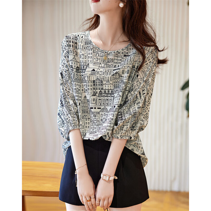 Dme [Mangyou Cheli] Summer Design-Inspired Line Architecture Print Shirt, Smooth Composite Silk Floral Yao Blouse Women's Top