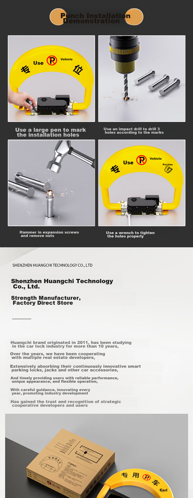 Huangchi Parking Space Lock, Intelligent Remote Control Sensor Parking Bollard, Thickened Anti-Collision Parking Space Protector, Anti-Occupation Device, Lithium Battery Long-Lasting Power Supply 10