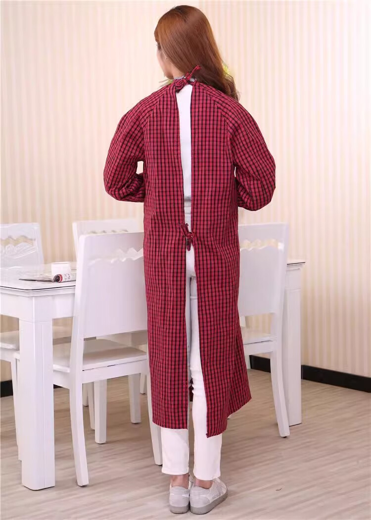 Minggu Long Sleeve Apron Cotton Coarse Cloth Reversible Work Apron Red Mixed Plaid Length 118CM CW667350 10