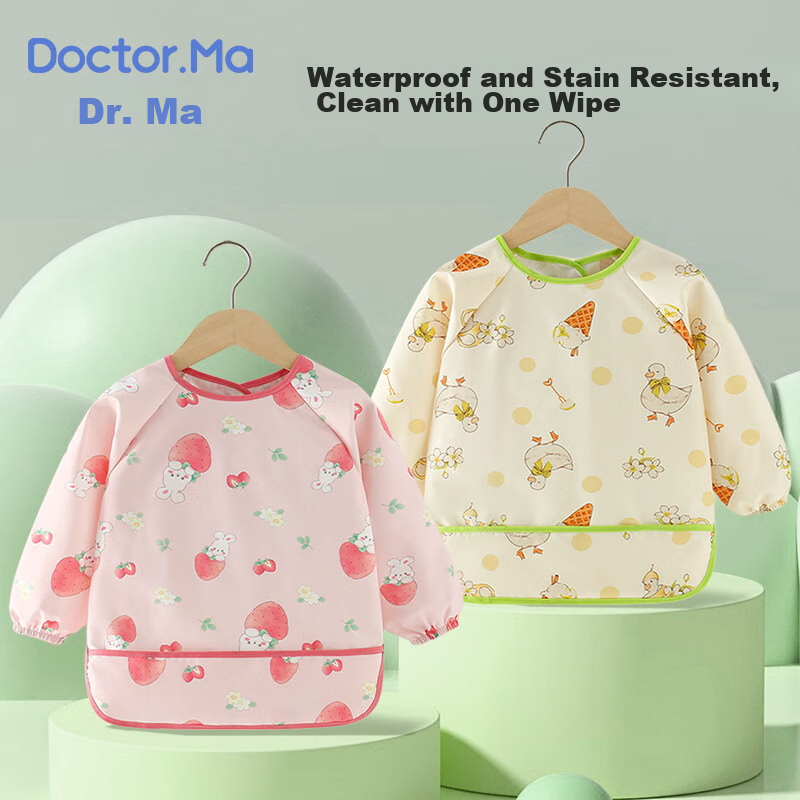 DOCTOR MA Children's Long-Sleeve Smock Bib, Baby Eating Apron, Kindergarten Waterproof And Stain-Resistant Drawing Smock, Infant Reverse-Wear Clothing, Gree