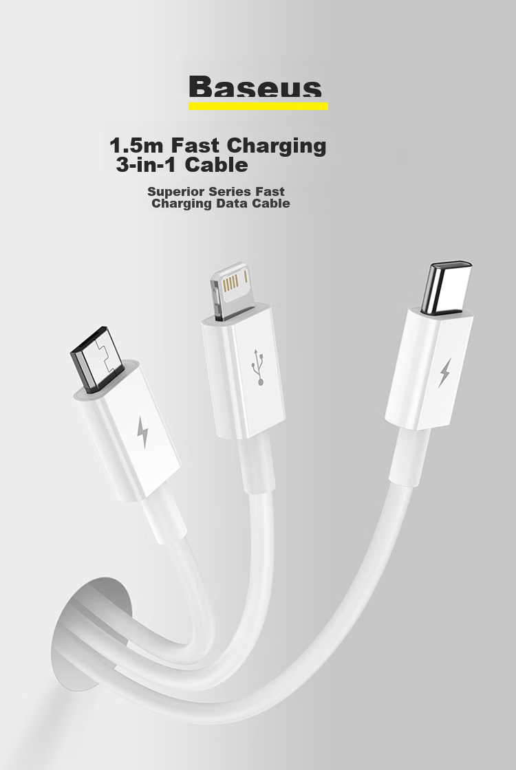 BASEUS Data Cable Three-In Type-C Apple 18 Charging Cable, One-To Compatible with IPhone 17/16/15/14/13, Xiaomi, Huawei, Car Charger Cable 1