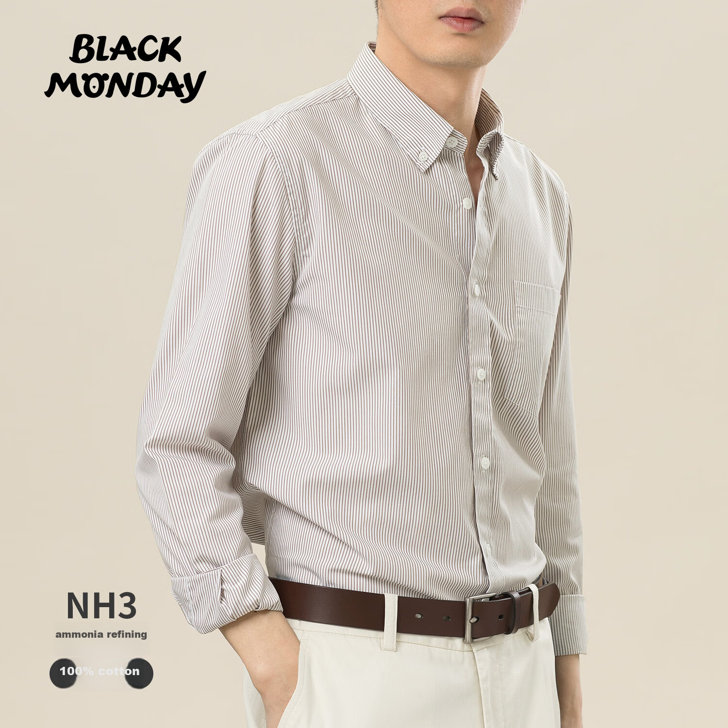 BLACKMONDAY [Liquid Ammonia] Pure Cotton Long-Sleeve Shirt for Men, All-Cotton Vertical Striped Formal Business Casual Dress Shirt