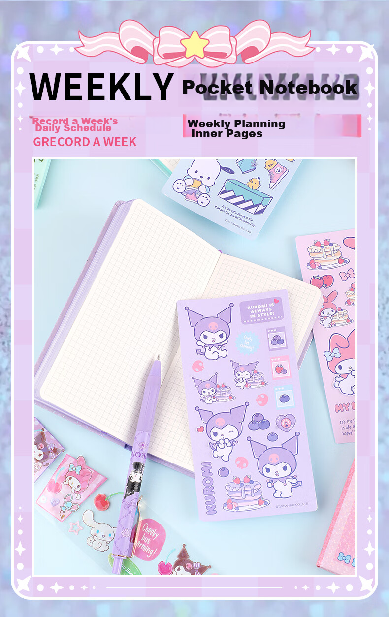 GuangBo X Sanrio Weekly Pocket Planner, Melody Stickers, Student Notebook, Compact And Portable Journal, 80*156mm, 77 Sheets, KT81376 Gift Set 7
