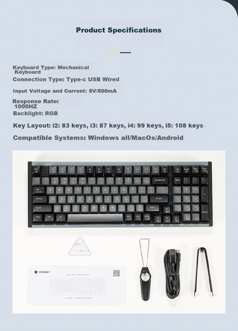Hyeku I3 87-Key Wired Customizable Keyboard Gaming Hot-Swappable Aluminum Alloy Frame PBT Keycaps RGB Detachable Cable Night Black Kailh Danxia Fast Switch 15