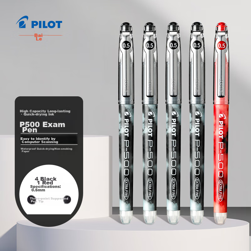 PILOT P500 Gel Pen, 0.5mm, Direct Liquid Rollerball Pen, Signature Pen, Student Stationery Set, Office Supplies, Exam Writing Pen, High Aesthetic Value (4 Black 1 Red), Pack of 5