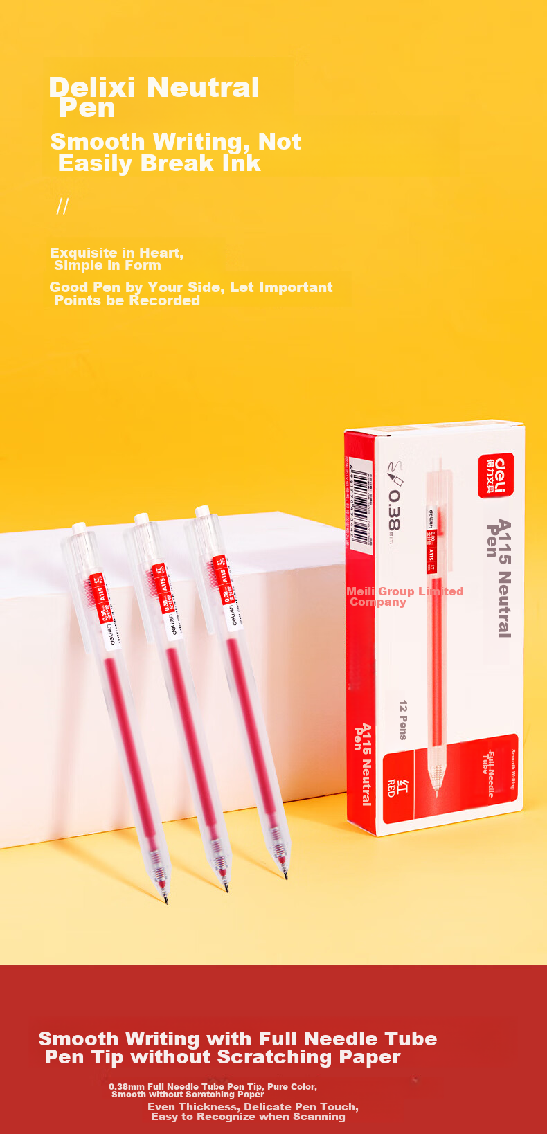 Deli Retractable Gel Pen, Transparent Simple Full Needle Tube, 0.38mm Red Signing Writing Pen, Student Carbon Ink Pen, Push-Button Exam Writing Pen, Red, 12 Pcs/box, A115 1