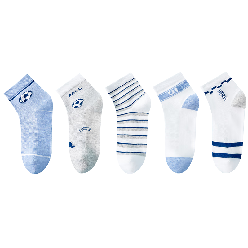 LangSha Children's Socks, Boys' Summer Thin Mesh Socks, Baby Mid-Calf Cotton Socks, 5 Pairs Pack, Sports Soccer Style, 2XL