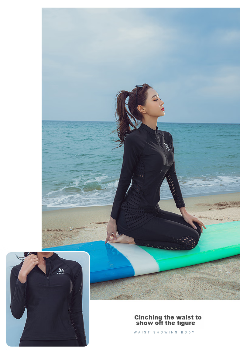 Sanqi Women's Two-Piece Swimsuit, Conservative Long-Sleeve Top And Long Pants Set for Hot Springs, Diving Suit Swimwear 21007 Black Size M 3