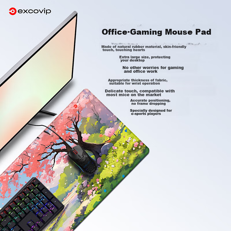 EXCO Chinese Style Four Seasons Mouse Pad, Extra Large Desk Mat, Computer Desk Office Gaming Cartoon E-Sports Anime Edge-Locked Keyboard Pad, 800*300mm, Spring 0290 4