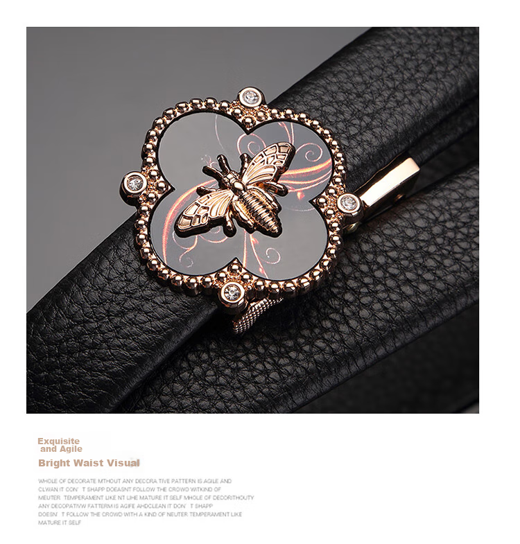 CROCODILE Top-Grain Genuine Leather Versatile Women's Automatic Buckle Belt, Exquisite Bee Buckle Waist Belt, 12821 Black 4