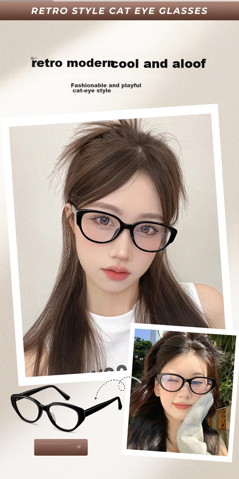 LOHO Cat Eye Glasses, Plain Cold Tea Frame, Myopia Sunglasses for Women, Anti-Blue Light, Can Be Fitted with Prescription Lenses 3
