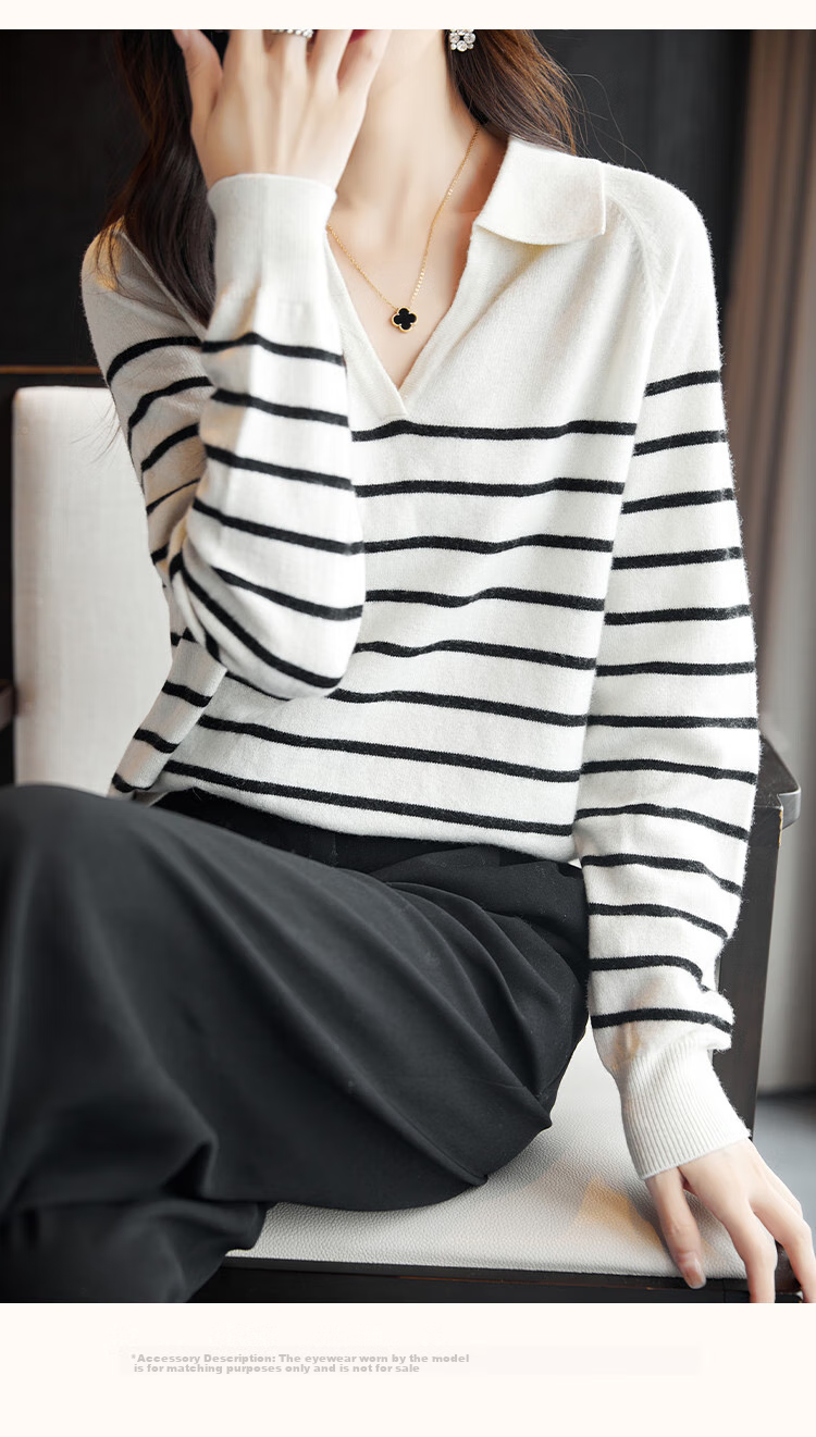 Dme Wool V-Neck Striped Sweater, Elegant And Relaxed Women's Wool Sweater, Black, L 13