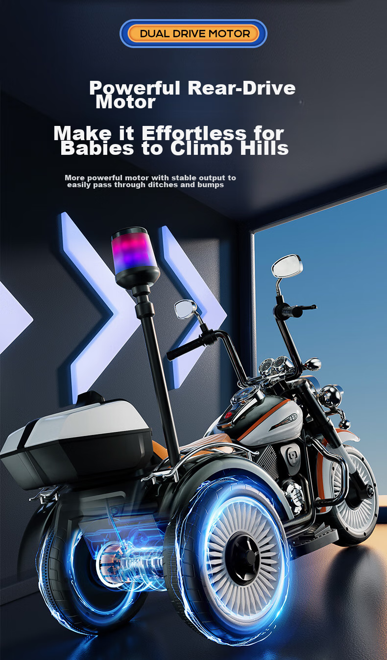Babamama Children's Electric Motorcycle Tricycle for Ages 3-10, Rideable Police Car Toy for Boys And Girls, Baby Gift Vehicle 6