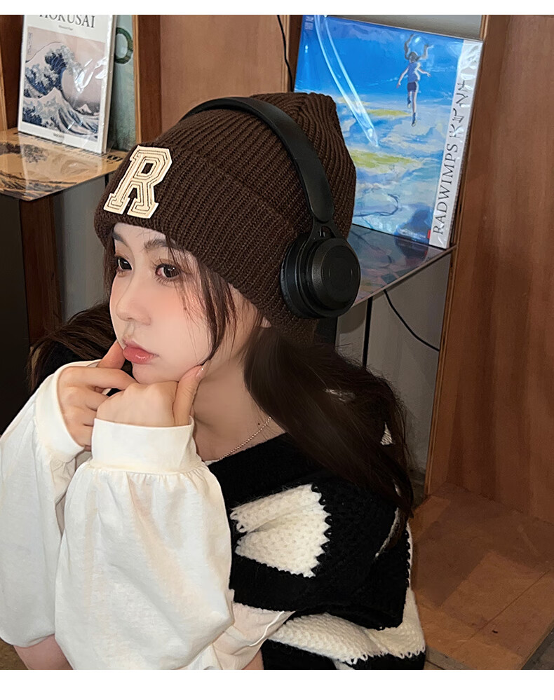 Xueqiman Women's Hat Versatile Korean Style Ins Knitted Hat Autumn Winter Letter Warm Solid Color Woolen Hat Black One Size 11