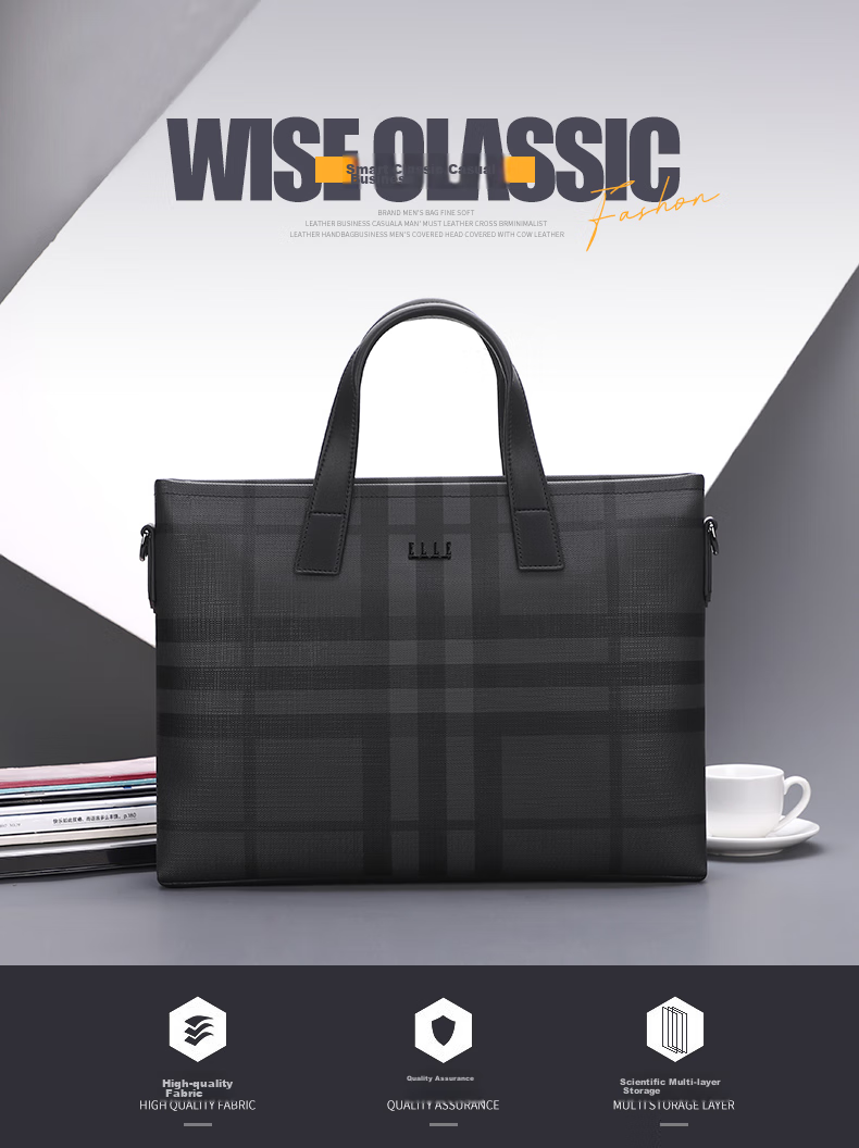 ELLE HOMME Men's Briefcase, Fashionable Striped Contrasting Color Handbag, Large Capacity PVC with Leather Shoulder Crossbody Bag, 14-Inch Laptop Bag EA188211211 Black And Gray 1