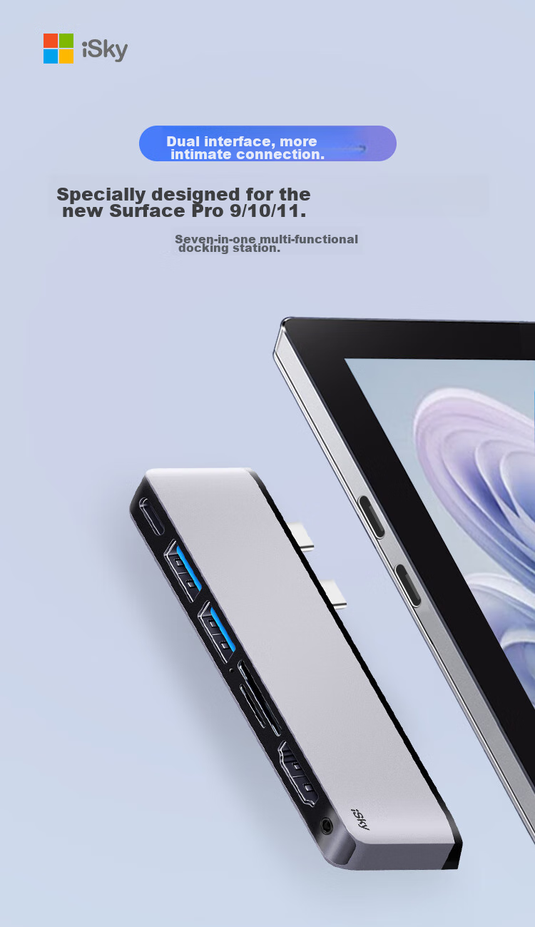 Isky Microsoft Surface Pro 9/10/11 Docking Station, Thunderbolt 4 High-Speed Transfer, Type-C Expansion Dock, HDMI HD 4K Screen Casting Projector Converter, USB 3.0 Connector 2