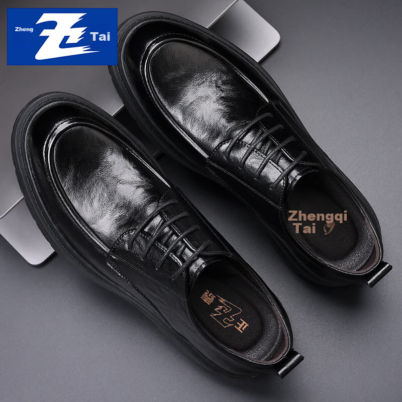 Zhengtai British Business Leather Shoes for Men, Breathable Hand-Grain Soft Leather Men's Shoes, Thick-Soled Casual Men's Leather Shoes JZ0017 Black Size 38