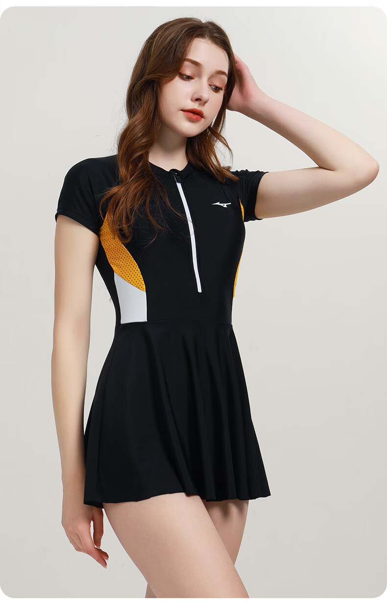 MIZUNO Women's One-Piece Swimsuit Dress, Hot Spring Swimwear, Plus Size, Tummy Control, Slimming, Quick-Drying, Conservative Swimming Costume A1320 Black S 7