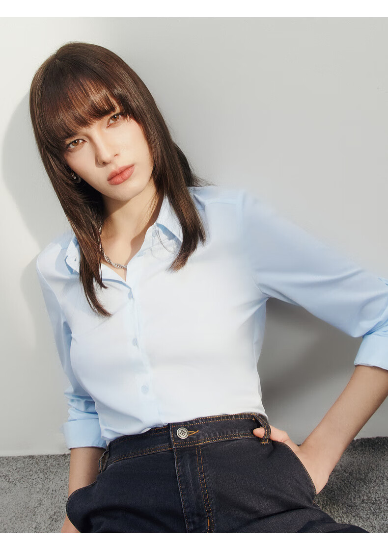 G2000 Spring/Summer 2024 Mall-Matching Detachable Bow Long-Sleeve Shirt 41222233G2, Light Blue, Size 38 3
