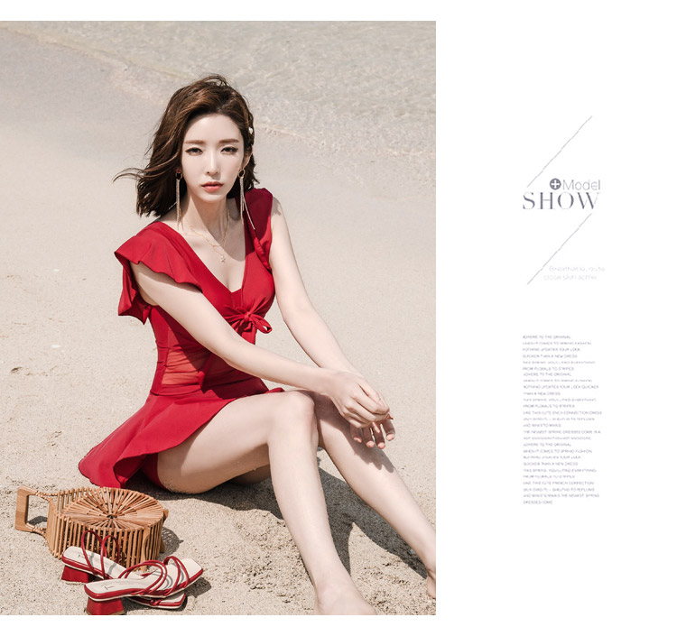 DK Swimsuit for Women, Sexy Push-Up Korean Style One-Piece Dress, Conservative Tummy-Covering Slimming Swimwear for Hot Springs, Red, M 18