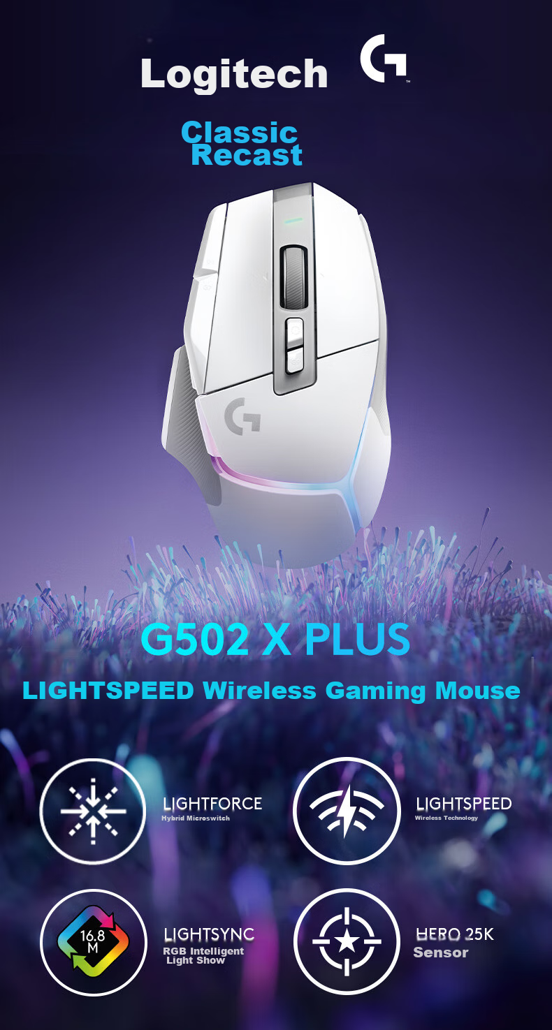 G G502 X PLUS LIGHTSPEED Gaming Mouse - White, RGB Lighting Effects, Hero 25K Sensor, Upgraded from G502 Hero, Essential for Pavu Triangular 1