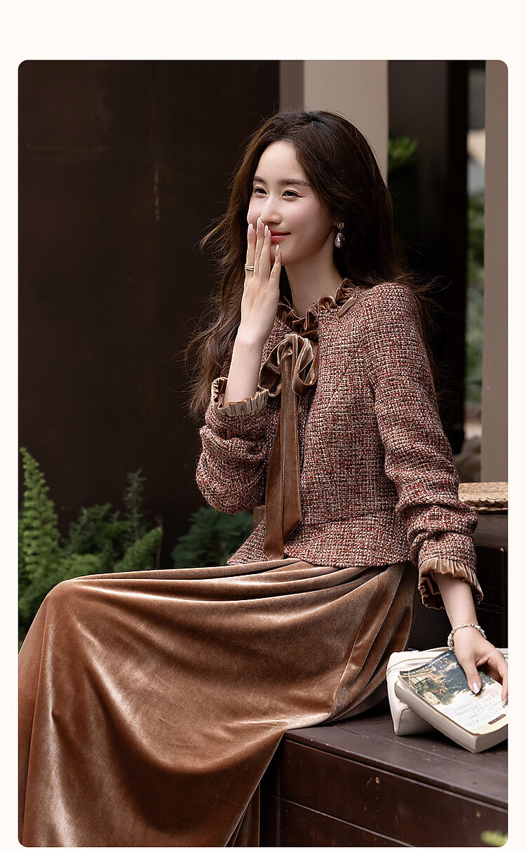 DME Winter Elegant Little Chanel Style Wool Blend Faux Two-Piece Ribbon Collar Ruffle Edge Dress Brown Red XL 2