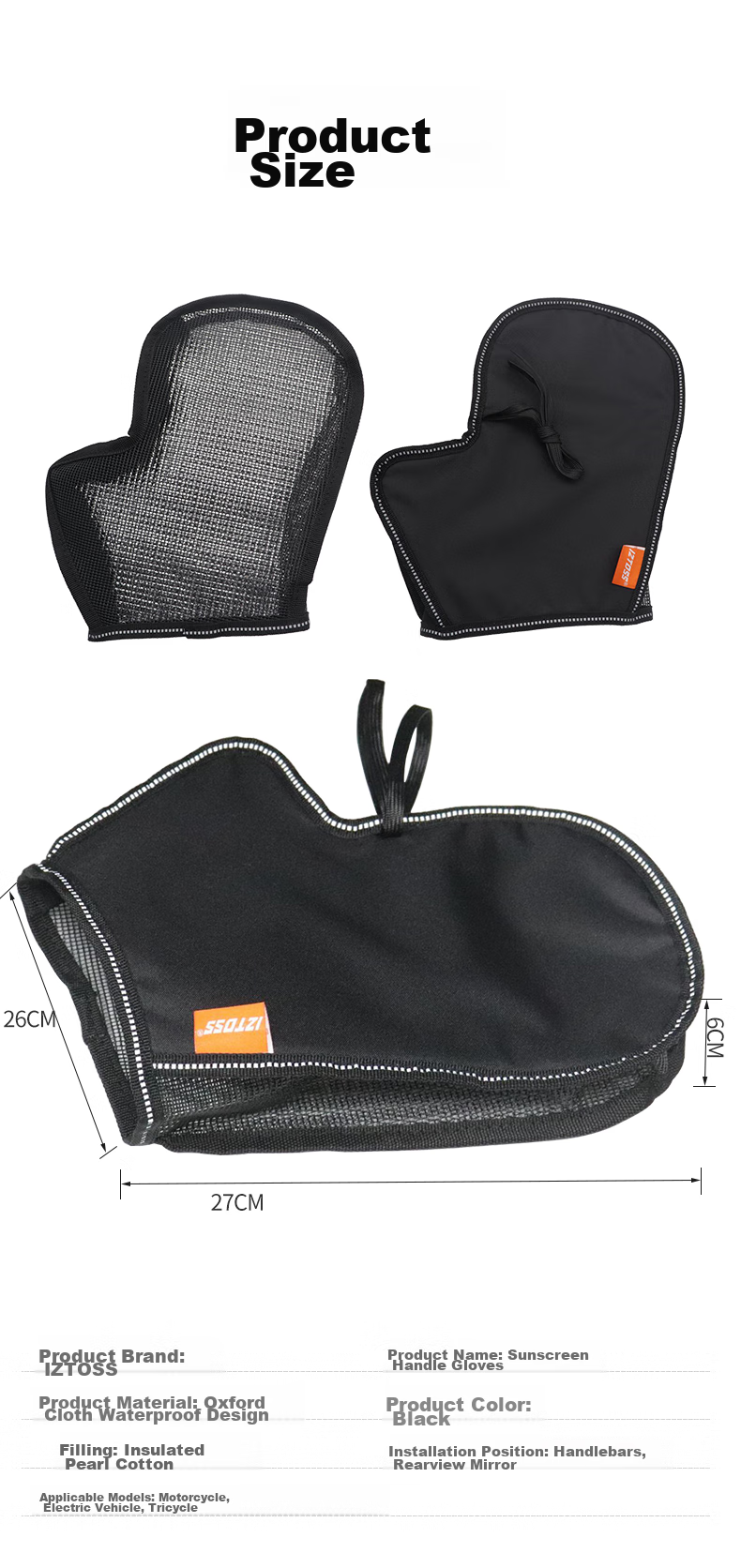 IZTOSS Motorcycle Handlebar Cover, UV-Resistant, Thin Summer Version, Waterproof, Electric Bike Sun Protection Gloves, Breathable And Cool for Summer, Windproof And Wear-Resistant, Black 14