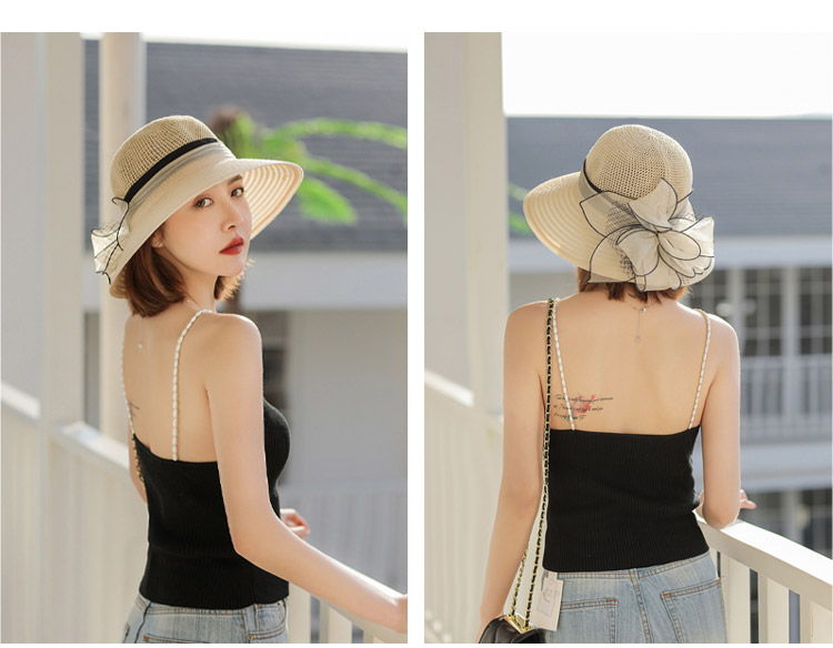 GLO-STORY Organza Women's Sun Protection Hat Lace Pearl Elegant Breathable Straw Top Fisherman Hat for Outings 8