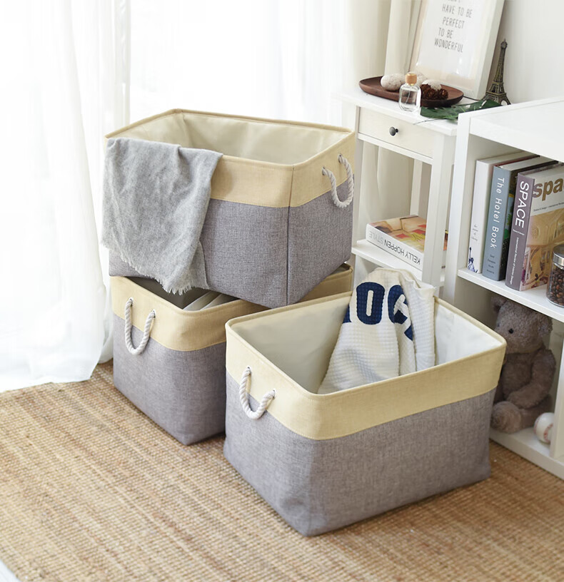 EEKIKS Storage Basket Laundry Hamper, Cotton Linen Blue Medium Size 3