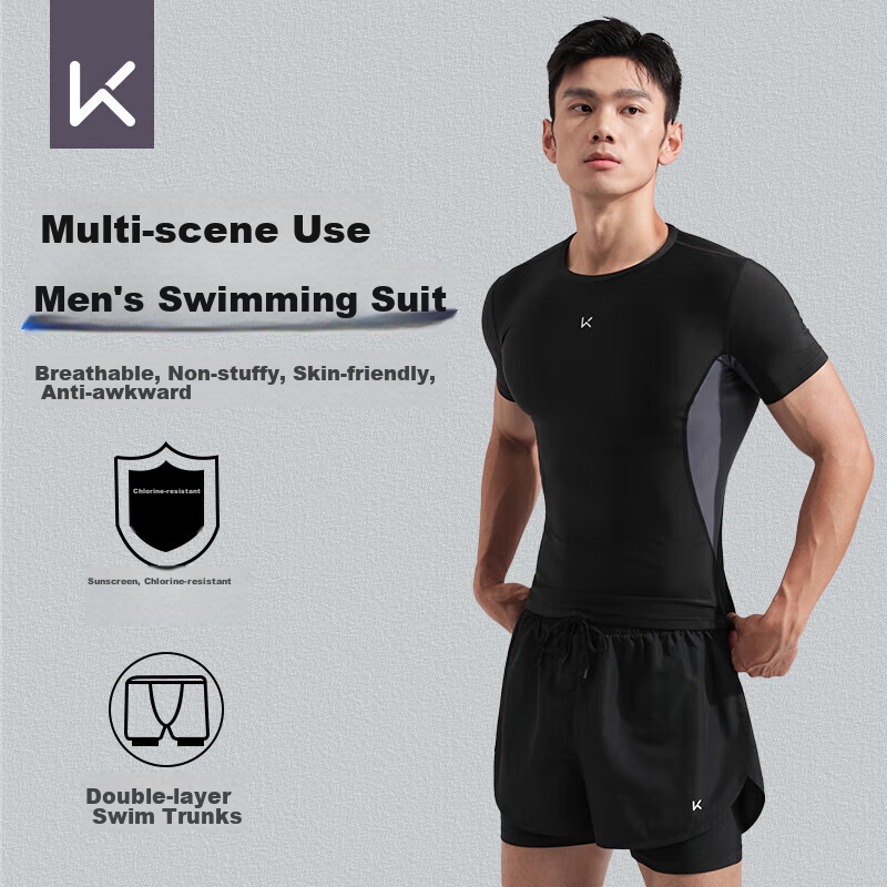 Keep Men's Swimwear Set, Anti-Embarrassment Double-Layer Swim Trunks Two-Piece Suit, Professional Equipment for Hot Springs, Black, L