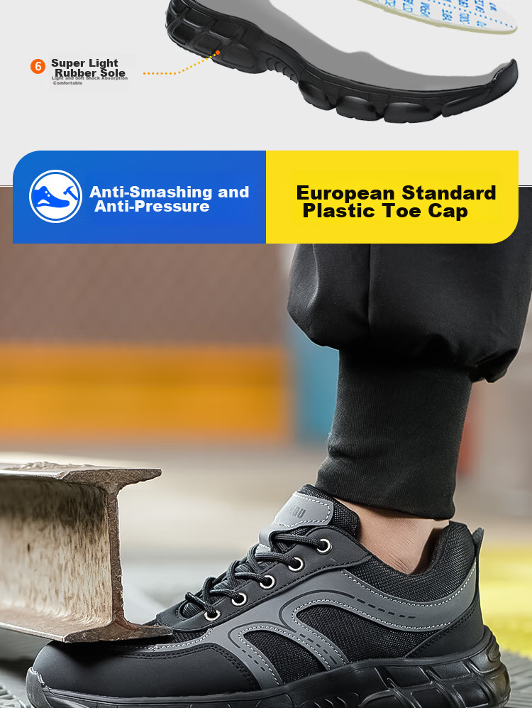 Dinggu Safety Shoes for Men with Steel Toe, Anti-Smashing, Anti-Puncture, Construction Site Work Boots with Steel Plate, Soft Sole, Wear-Resistant 1067 Heihui40 6