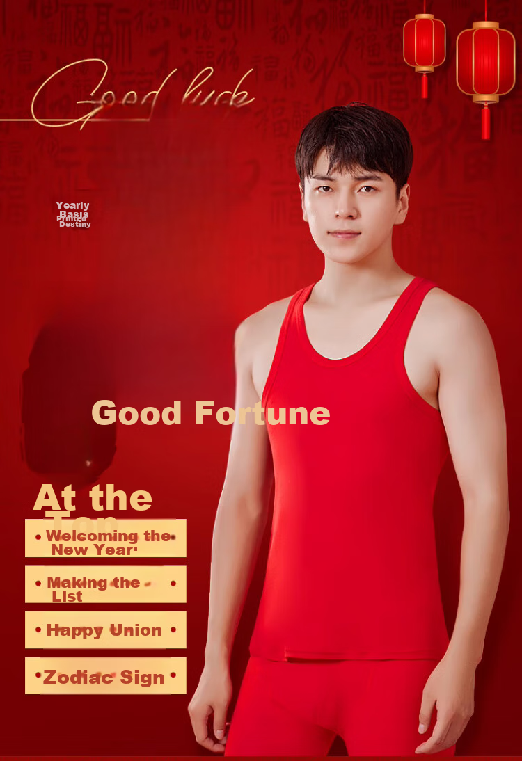 LangSha Red Lucky Year of The Horse Vest, Men's Pure Cotton Undershirt, Bright Red Wedding Festive Outfit Set 1